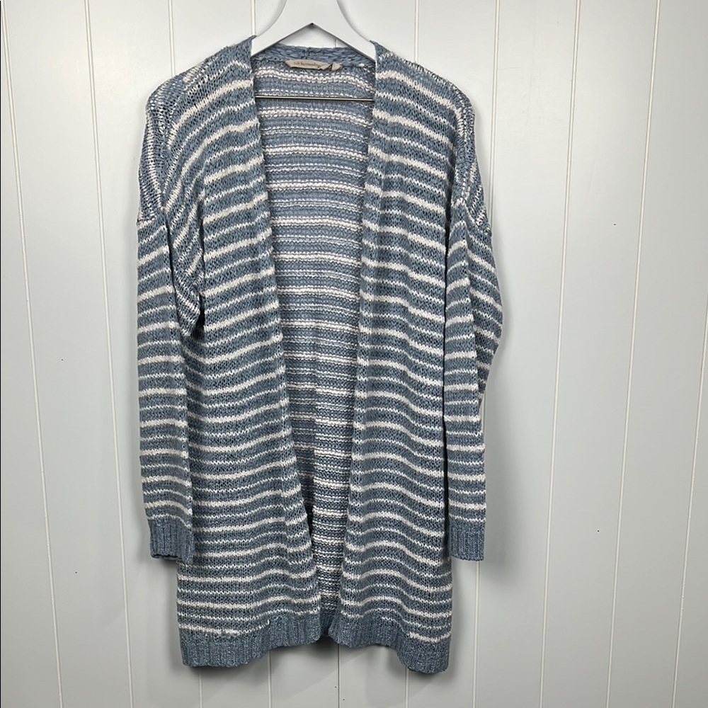 Soft Surroundings Womens Open Front Cardigan L Blue/White Stripes Long Sleeves